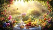 © Veayo - A vibrant and cheerful morning scene with a glowing sunrise. A cozy breakfast table is set outdoors, surrounded by colorful flowers.