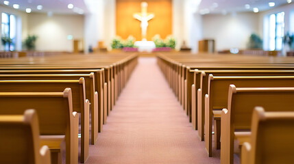 Wall Mural - Interior view of a modern church with wooden pews and altar during a serene daytime service