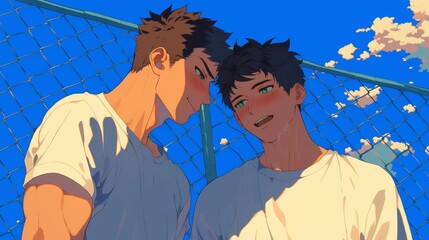 Two Affectionate Men Smiling and Blushing at Each Other Against a Blue Sky and Fence Walls with Ample Copy Space