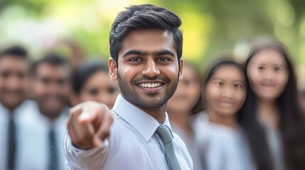 Indian businessman gestures towards viewer with team present.