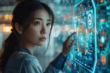 Poster - A woman is looking at a computer screen with a blue and orange design
