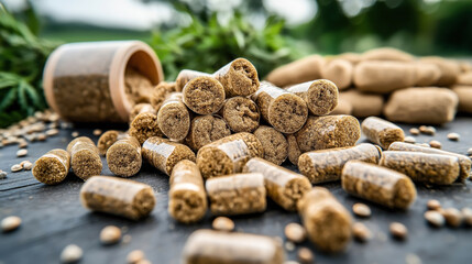 Wall Mural - Close-up of cannabidiol (CBD) capsules made from hemp. Capsules are scattered on a dark surface with hemp leaves and seeds in the background, representing CBD and hemp products.