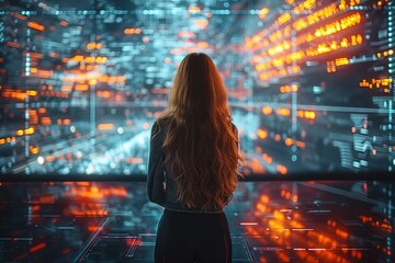 Poster - A woman with long hair is looking at a computer screen with a city view