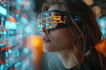 Poster - A woman wearing virtual reality goggles is looking at a computer screen