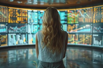 Poster - A woman stands in front of a large monitor displaying a lot of numbers