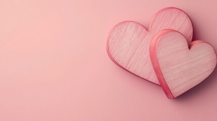 Banner Of Two Pink Wooden Interlocking Hearts With High Gloss Finish On Pink Background - Valentine's Day / Marriage Concept with generative ai