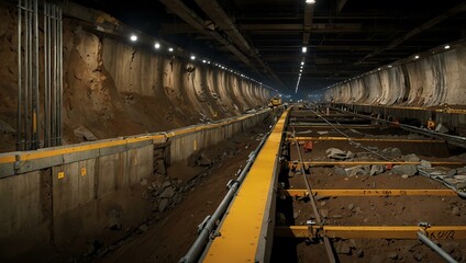 Wall Mural - Cross-section of an underground tunnel showing rock layers, steel reinforcements, and work zones.