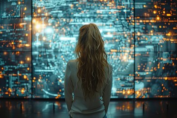Poster - A woman is looking at a computer screen with a city view