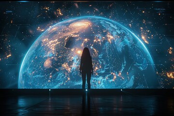 Poster - a woman stands in front of a large planet, looking out into space