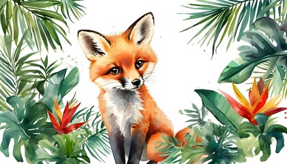 Wall Mural - Charming watercolor depiction of a baby fox nestled among tropical leaves on a clean white background