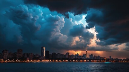 Storm with dark cloud over the city