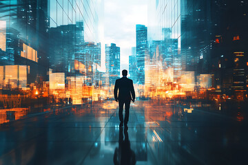 Poster - A silhouette of a person walking through a futuristic cityscape filled with glowing lights.