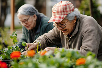 Elderly individuals participate in gardening activities, enjoying the outdoors while planting and tending to vibrant plants in a community garden