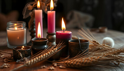 burning candles, witchcraft items, wheat ears close up table. wiccan Witchcraft, magic Esoteric Ritual for Lammas, Lughnasadh. energy healing spiritual practice isolated with white highlights, png