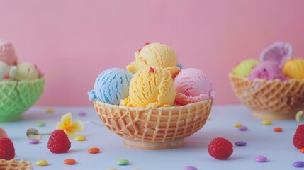 Vibrant multicolored ice cream scooped balls in waffle baskets on light background. Delicious set of  iced juice or sorbet of different flavours and tastes