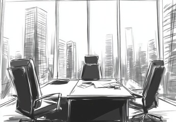 Wall Mural - Workplace, law and legal concept in 3D. Drawing of a modern meeting room office interior with furniture, computers, and a window with city views. Stock image.