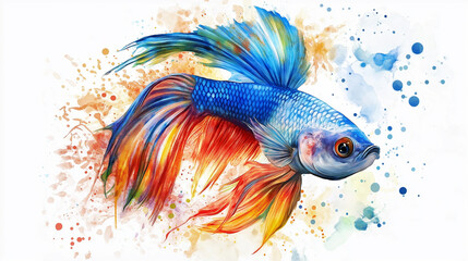 Colorful betta fish swimming in watercolor splashes