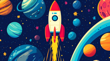 Aufkleber - Red rocket flying in space with colorful planets and stars illustration