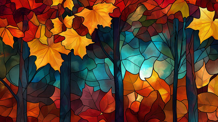Aufkleber - Stained glass depicting a forest in autumn with maple leaves