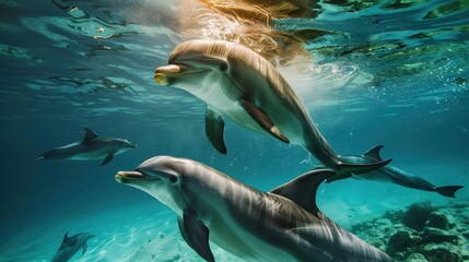 Dolphins swimming gracefully underwater, their sleek bodies gliding through the clear blue ocean. The sunlight filtering through the water enhances the beauty of this aquatic scene.