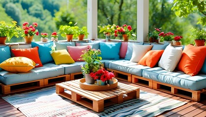 Charming Outdoor Lounge with Colorful Cushions and Inviting Patio Furniture for a Bright Summer Retreat