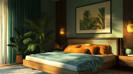 Poster - Sunlight shining through window in modern bedroom with green wall