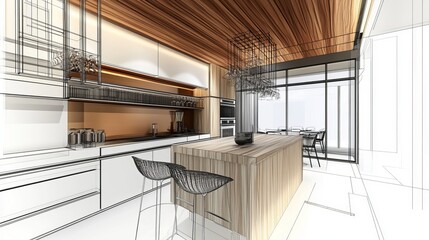 Design concept: hand-drawn draft that becomes real, wood japandi kitchen with resin floor and beam ceiling. Minimalist look.