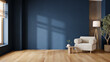 © LEKSTOCK 3D - Modern  mid-century interior living room with modern sofa, featuring coffee table, and vintage decor with a dark blue wall background .3drender