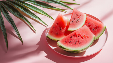 Aufkleber - Fresh watermelon slices on plate with palm leaf and shadow on pink background