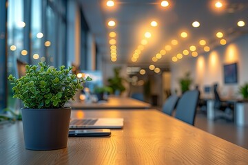 Poster - A potted plant sits on a desk in a room with a laptop and a cell phone