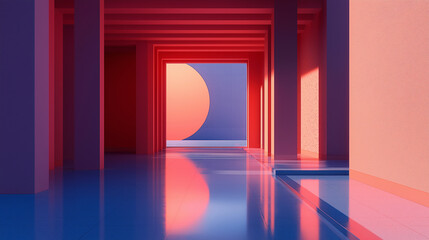 Aufkleber - Modern minimalist empty hallway with red pillars reflecting in blue floor