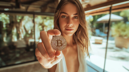 Aufkleber - Young woman holding bitcoin cryptocurrency coin investment