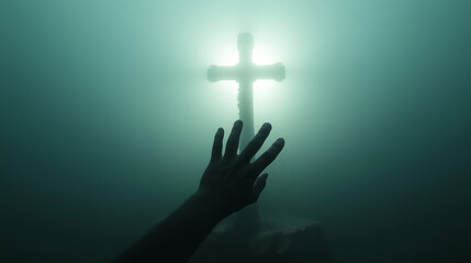 Wall Mural - Hand reaching for bright cross in foggy purgatory