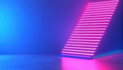 Poster - Vibrant neon stairs illuminated by pink and blue lights creating a modern, dynamic atmosphere for creative projects.