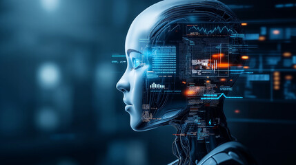 Fototapete - Ai humanoid robot analyzing information data using artificial intelligence thinking