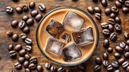 Canvas Print - Top view of a glass of iced coffee with ice cubes on a wooden surface, surrounded by coffee beans.