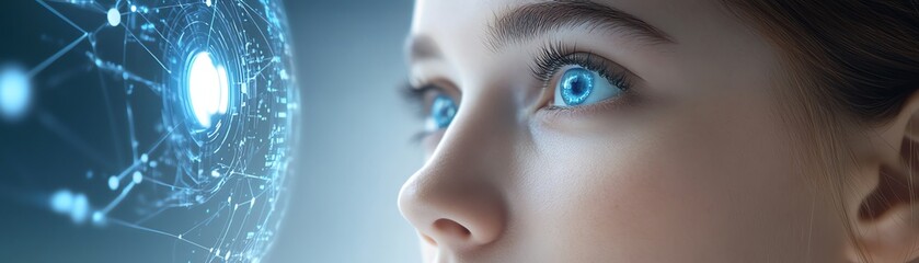 Close-up of a woman's eye looking at a digital network structure, symbolizing technology, innovation, and futurism.