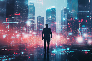 Poster - A silhouetted figure stands in a futuristic cityscape filled with vibrant digital elements.