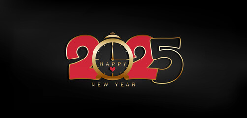 Wall Mural - Happy New Year 2025 with a clock and a red heart, featuring beautiful gold and red text in a festive design