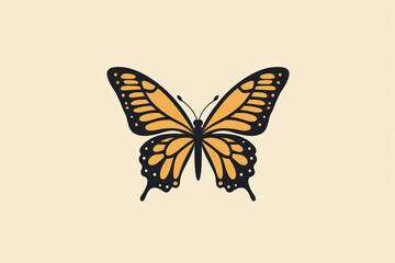 Wall Mural - Minimalist butterfly logo with symmetrical lines, showcasing striking design in orange and black. This elegant representation captures beauty of nature