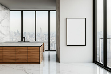 Modern kitchen interior with marble surfaces, wooden cabinets, and floor-to-ceiling windows offering a city skyline view. Blank frame on the wall. Concept of luxury apartment, contemporary kitchen