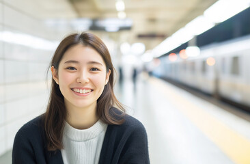 A 25-year-old Japanese woman smiling at the camera while waiting on a bright subway platform