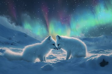 Wall Mural - Two white foxes cuddle under the aurora borealis.