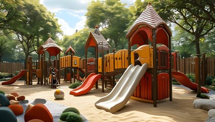 Vibrant playground filled with laughter, colorful equipment, and joyful children playing and exploring in a sunny outdoor setting