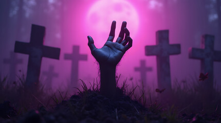 Zombie hand coming out of grave at night with foggy background, Halloween concept. Generative AI