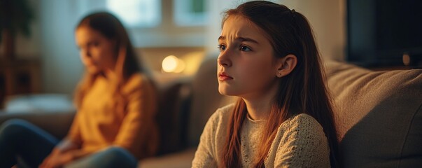 Sad teenage girl feeling lonely at home while her sister is ignoring her in the background