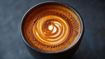 Latte art in black ceramic cup, close-up view of cappuccino foam design