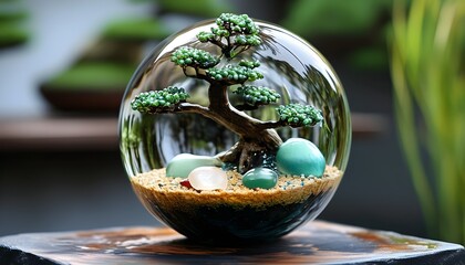 Bonsai Potted Plants Elegantly Displayed in Glass Spheres