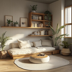 Wall Mural - a serene living room corner in a small, minimal apartment, featuring a sofa, TV counter, and bookshelf, all while embracing Wabi-Sabi Japandi design principles