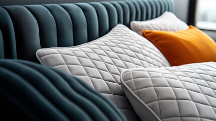 Sticker - Close-up of a bed with a teal upholstered headboard and an arrangement of decorative pillows in grey, white, and orange.